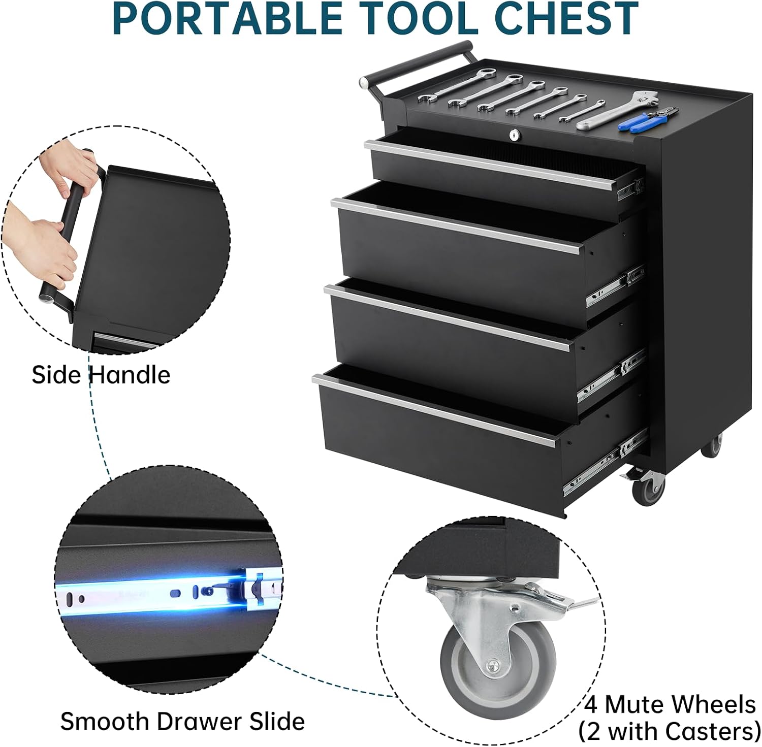 GarveeLife 4-Drawer Tool Box 24' Garage Tool Box with Key Lock and Removable Drawer Liners, Wheeled Design, Suitable for Garages, Warehouses, Workshops, and Repair Shops - Black