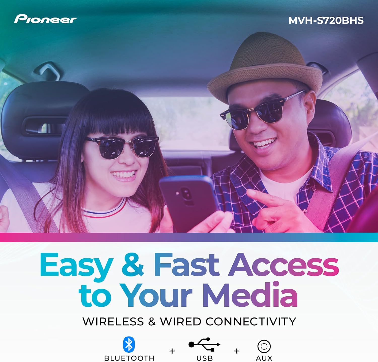 Pioneer MVH-S720BHS 1-Din Digital Media Receiver – Bluetooth, SiriusXM, Color Change, HD Radio, USB, FLAC, Voice Control, 50W x 4 Output, 13-Band EQ, AM/FM Radio, Hi-Volt RCA Preouts