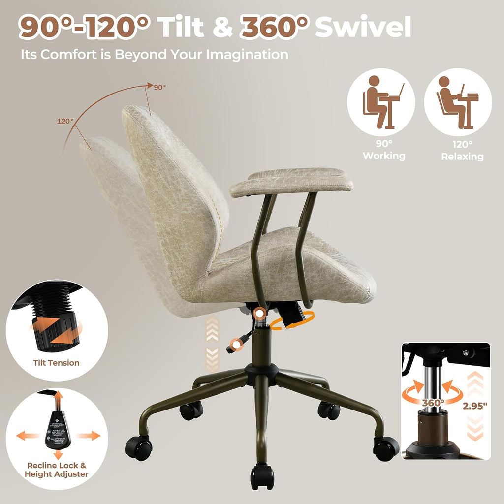 ovios Ergonomic Office Chair, Mid Back Faux Leather Executive Chairs with Armrests, Comfy Mid-Century Modern Swivel Rolling Computer Armchair (Beige, Suede Leather)