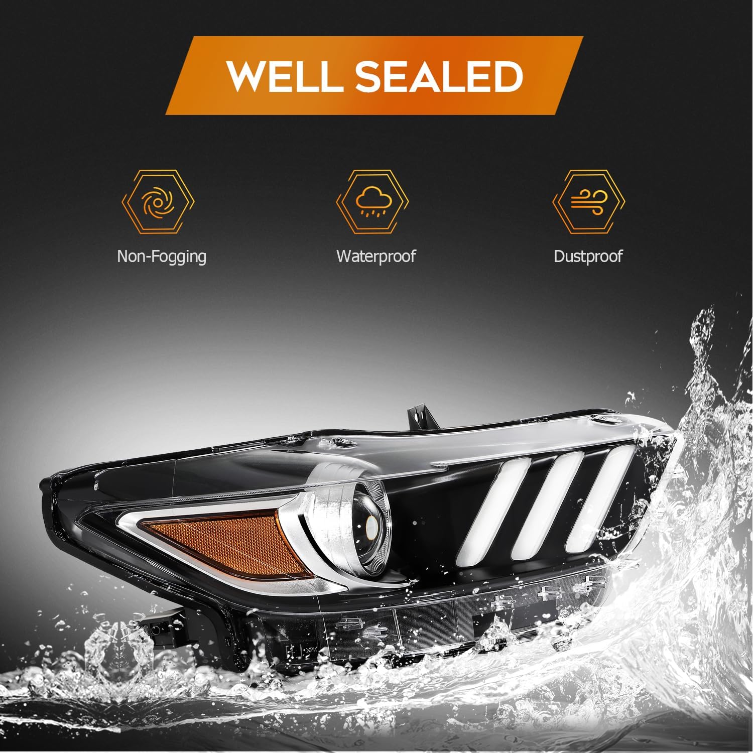 Headlight Fit 2015-2020 for Mustang Black Housing Amber Reflector Right Headlight Assembly FR3Z13008K