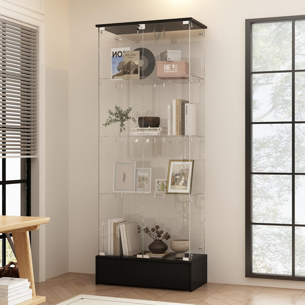 WOODTIME 4-Tier Glass Display Cabinet with Lockable Doors and Drawer, Modern Curio Cabinets Bookshelf with Glass Shelves for Living Room Home Office, Black