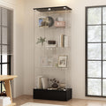 WOODTIME 4-Tier Glass Display Cabinet with Lockable Doors and Drawer, Modern Curio Cabinets Bookshelf with Glass Shelves for Living Room Home Office, Black