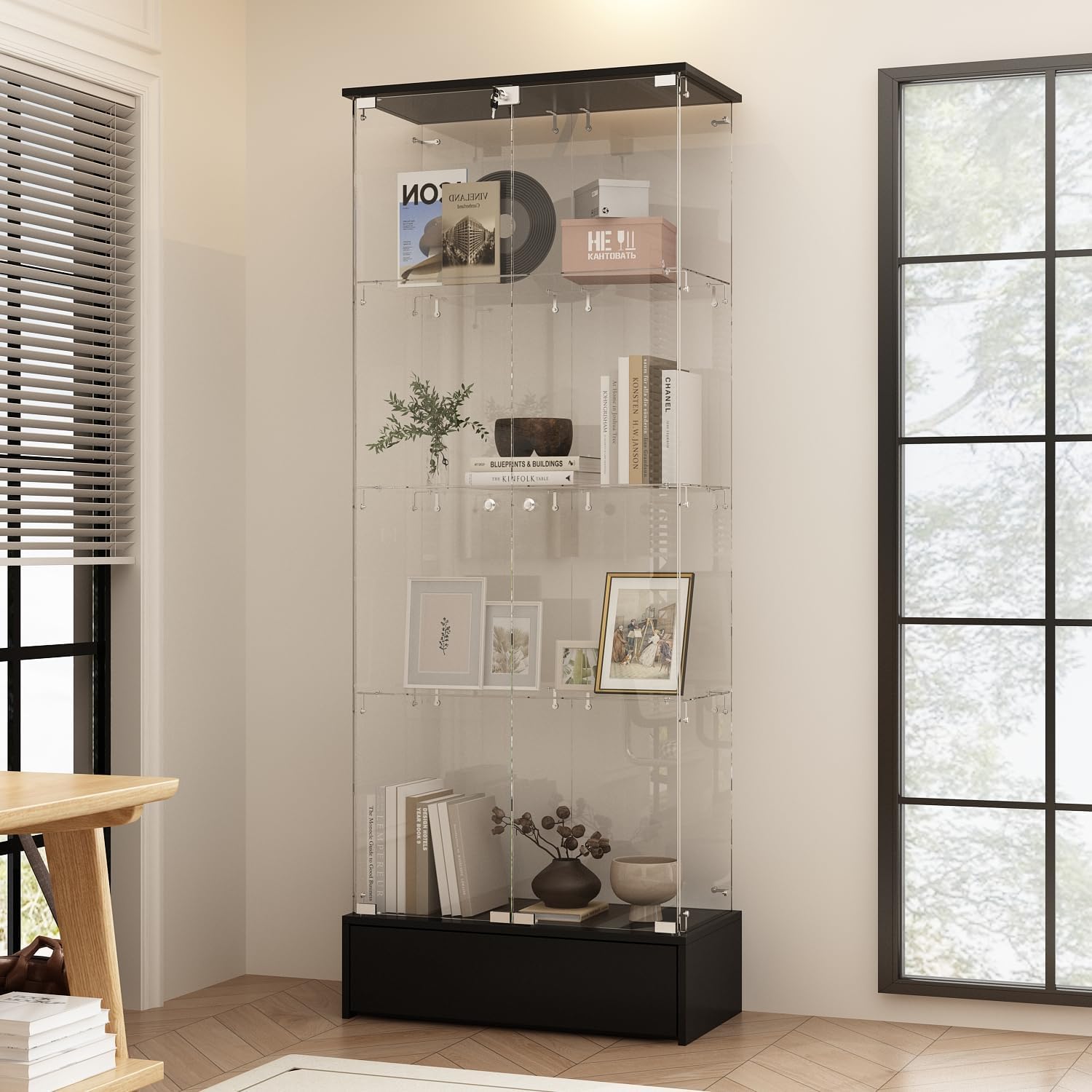 WOODTIME 4-Tier Glass Display Cabinet with Lockable Doors and Drawer, Modern Curio Cabinets Bookshelf with Glass Shelves for Living Room Home Office, Black