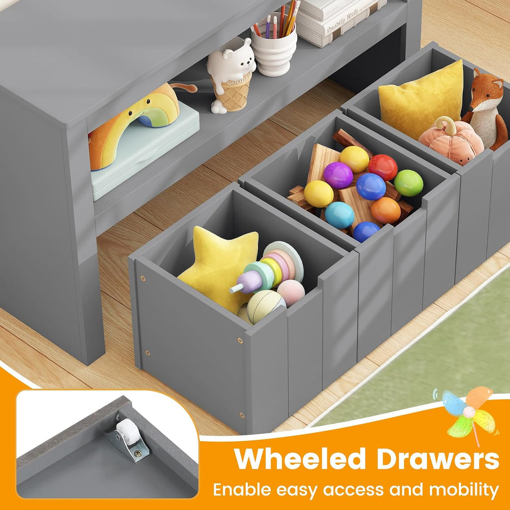 HONEY JOY Kids Toy Storage Organizer, Children Daycare Shelf, 3 Wooden Toy Box w/Wheels, Toddler Classroom Display Cabinet for Playroom, Nursery, Kindergarten (Gray)
