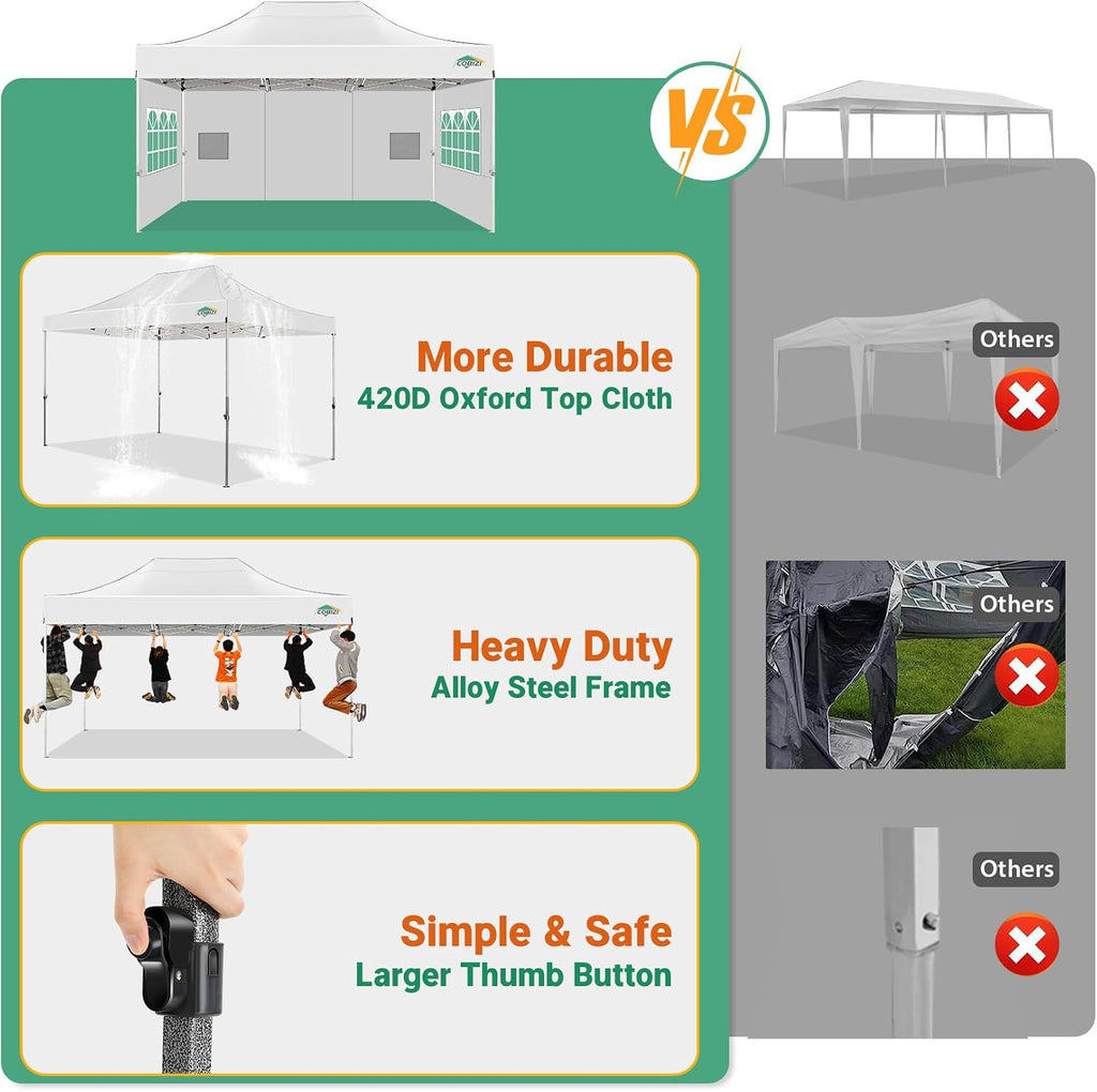 COBIZI 10x15 Pop up Canopy Tent Heavy Duty, Easy Set-up Commercial Outdoor Party Tent, 100% Waterproof Wedding Tents Gazebo, 3 Height Adjustable with Wheeled Bag, White