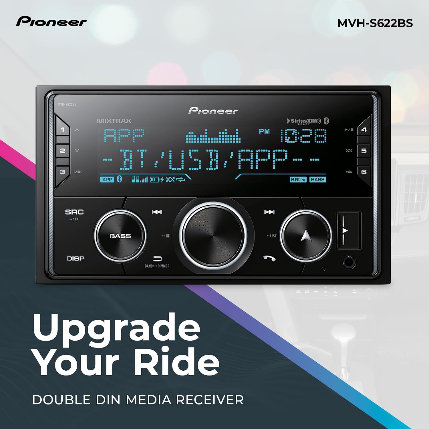 Pioneer MVH-S622BS Double Din Digital Media Receiver – Bluetooth, SiriusXM, Color Change, USB, FLAC, Voice Control, 50W x 4 Output, 13-Band EQ, AM/FM Radio, Hi-Volt RCA Preouts
