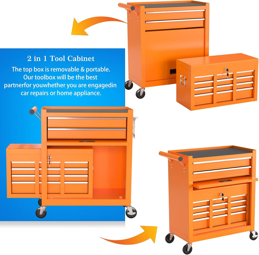 Go Big 8-Drawers Tool Chest Tool Box, Rolling Tool Chest with Wheels, Rolling Tool Box with Wheels, Garage Tool Storage Cabinet on Wheels, Locking System Toolbox(Cool Orange)