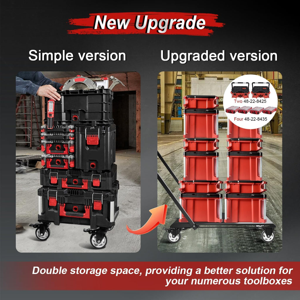 Upgraded Heavy Duty Toolbox Dolly with Handle, Compatible with Mil.Waukee Packout Toolbox, Double Storage, Thickened Carbon Steel Frame, Enlarged Wheels with Brake, No Drilling Required, Up to 400lbs