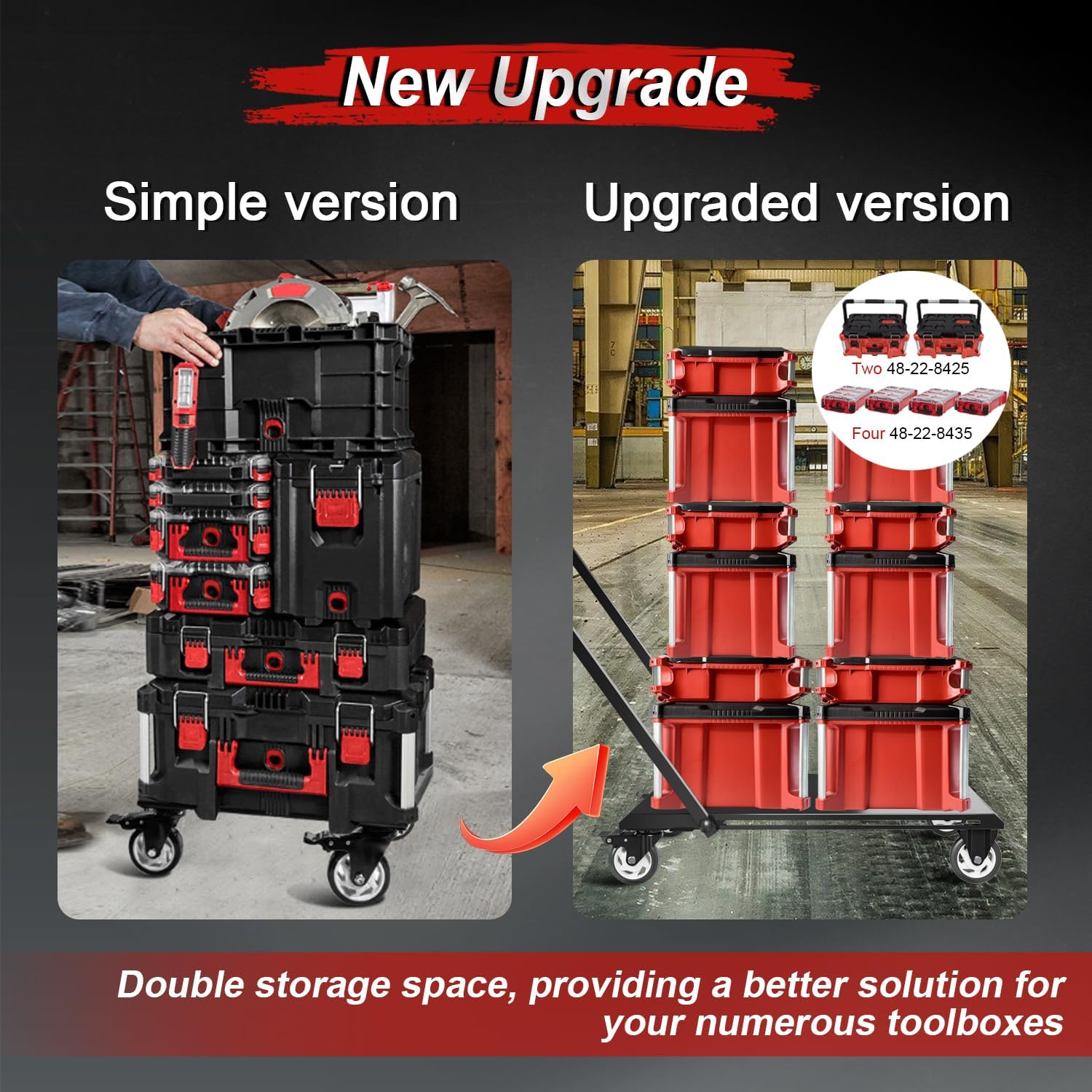 Upgraded Heavy Duty Toolbox Dolly with Handle, Compatible with Mil.Waukee Packout Toolbox, Double Storage, Thickened Carbon Steel Frame, Enlarged Wheels with Brake, No Drilling Required, Up to 400lbs