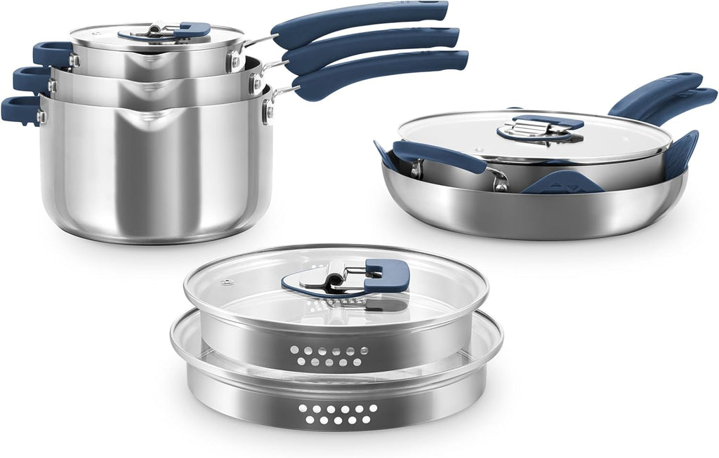 Zakarian x Dash TruPro® Stainless Steel Cookware Set - Rust-Resistant, Nonstick Cookware Set for Everyday Cooking - Straining Lid with Stackable Lids and Heat Resistant Handles - Blue, 10-Piece Set