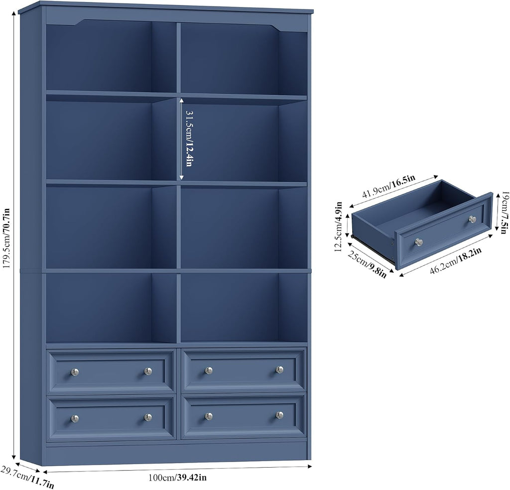 FINETONES 71' Tall Bookshelf with 4 Drawers, 6-Tier Double Wide Bookshelves and Bookcases with Storage, Blue Bookshelf Large Open Bookshelves Standing Book Cabinet for Home Office