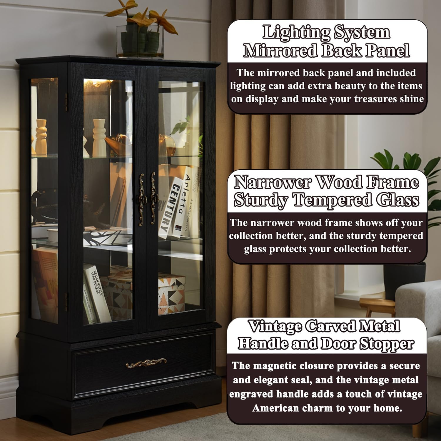 47' H Lighted Curio Cabinet Display Case, Glass Cabinet with Adjustable Shelves,Tempered Glass Door and Drawer, Wooden Curio Cabinet with Mirrored Back Pane for Living Room (Black)