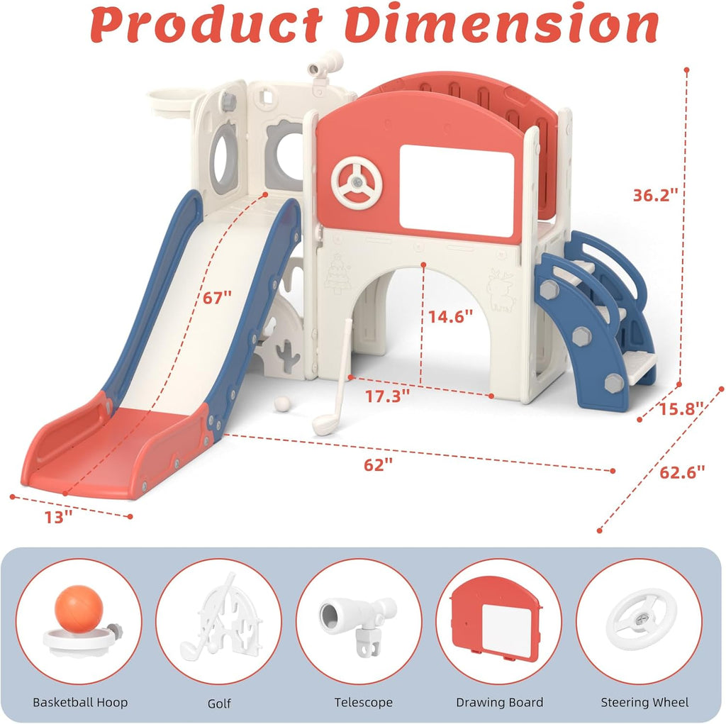 67i 10 in 1 Toddler Slide Playset for 1-3 Years - 1-Hour Easy Assembly, Sturdy Compact Design, Indoor/Outdoor Playground with Drawing Board, Golf & Climbing Skill Development (Red Blue)
