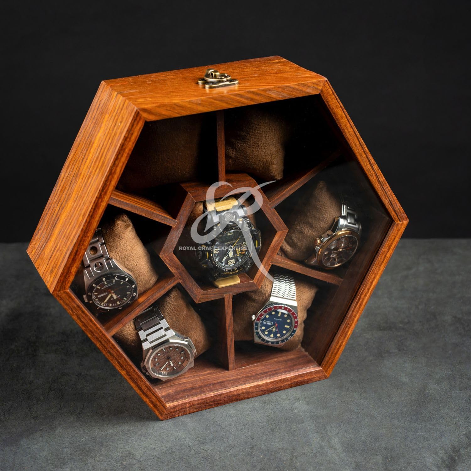 Premium 7-Slot Wooden Timepiece Display Case – Handcrafted Honeycomb Watch Box for Men in Superior Indian Rosewood | Hinged Glass Cover – Father's Day Gift – Luxury Built to Last