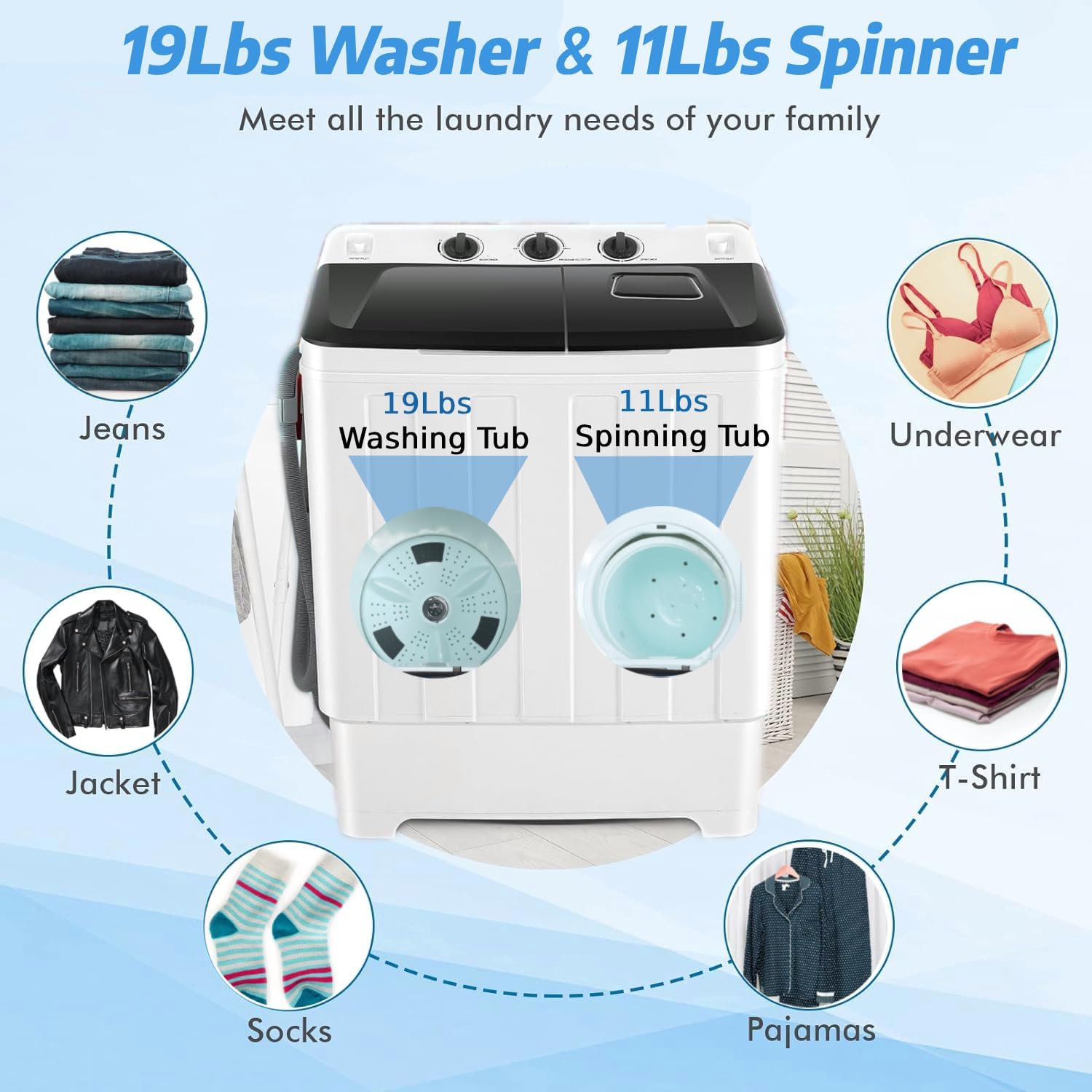 Nictemaw Portable 30Lbs Twin Tub Washing Machine Washer and Dryer Combo, Compact Laundry Machine with Drain Pump, Time Control, Semi-Automatic 19Lbs Washer and 11Lbs Spinner for Apartment Dorms RV