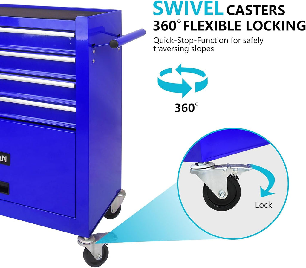 4 Drawers Tool Cart on Wheels, 4 Drawer Rolling Tool Chest, Trolley Organizer Tool Box Tool Case with 1 Cabinet, Multifunctional Tools Case for Garage,Warehouse,Workshop,Repair Shop (Blue)