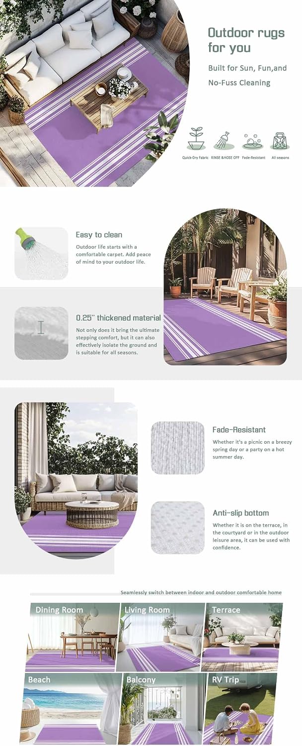 Outdoor Rug 4x6ft Pastoral Country Style White Stripes Patio Area Rugs Waterproof Easy Cleaning Non Shedding Thick Mats Purple Carpet for Indoor Outdoor Porch Deck Backyard Balcony