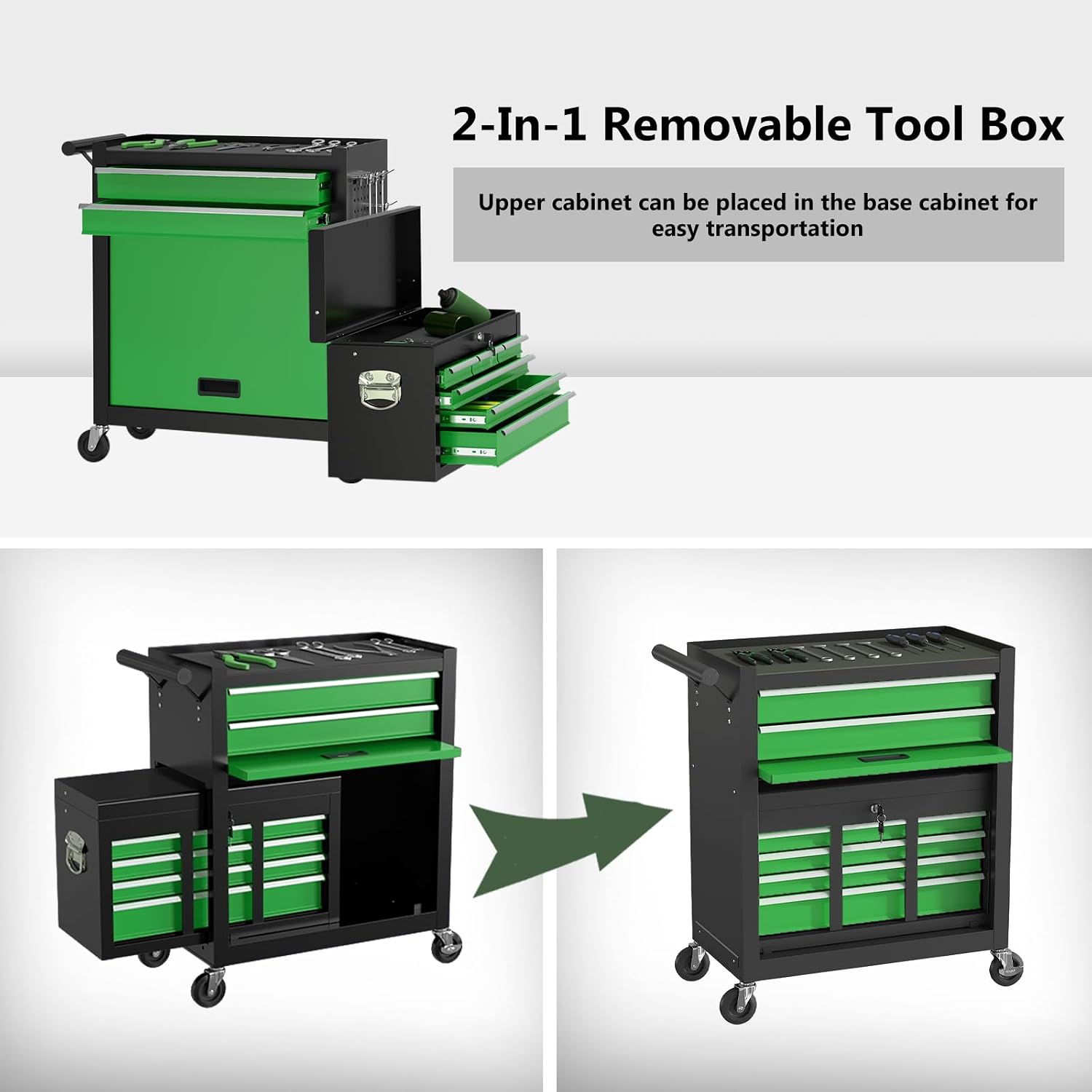 8 Drawer Tools Chest,42.9 inch Tool Cabinet with Universal Lockable Wheels，Organizable Tool Box with Detachable Top Box for Workshop，Blackgreen