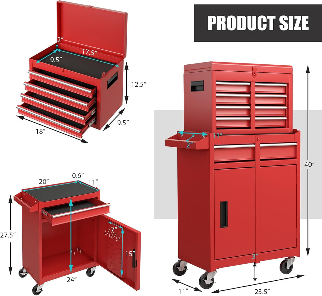 Rolling Tool Chest, 5-Drawer Tool Storage Cabinet with Wheels, Adjustable Shelf & Anti-Slip Liner, Tool Box Organizer for Garage, Warehouse & Workshop (Red)