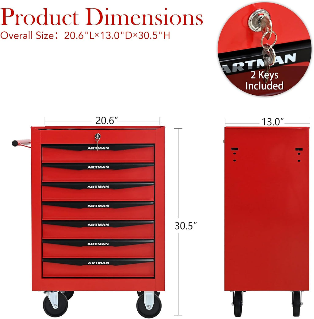 Rolling Tool Chest Cart with 7 Drawers,Storage Tool Cabinet on 4 Wheels. Lockable Tool Cart with Drawer Liners.Steel Tool Box Organizer for Garage,Repair Workshop-Red