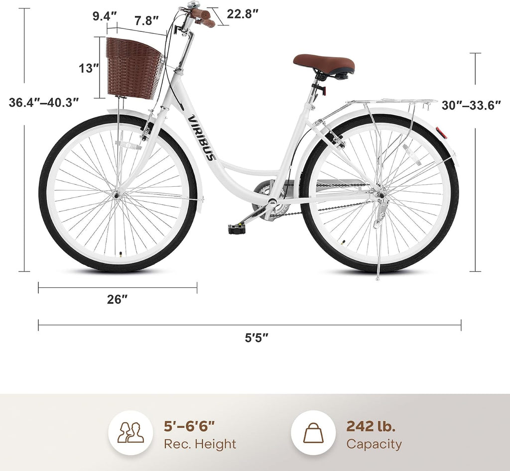 VIRIBUS Beach Cruiser Bike for Women, Single Speed Womens Bike with Basket & Rack 24 26 inch, Retro Step Through Cruiser Bicycle for Petite Short Women Female Ladies City Commuter, 330 lb.
