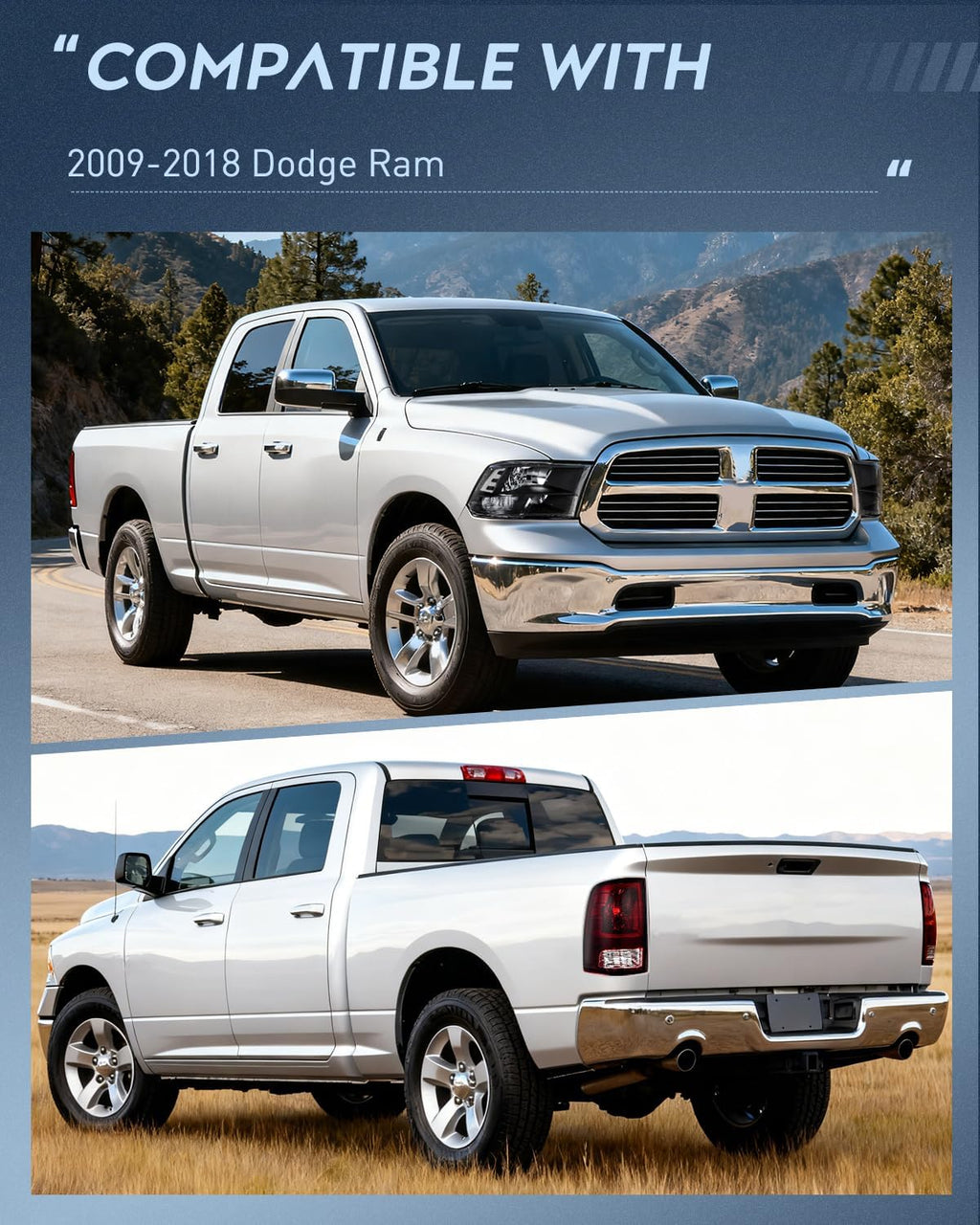 Nilight Headlight and Taillight Assembly Combo Compatible with 2009 2010 2011 2012 2013 2014 2015 2016 2017 2018 Dodge Ram for Quad Models Black Housing Clear Reflector with Dark Red Tail Light