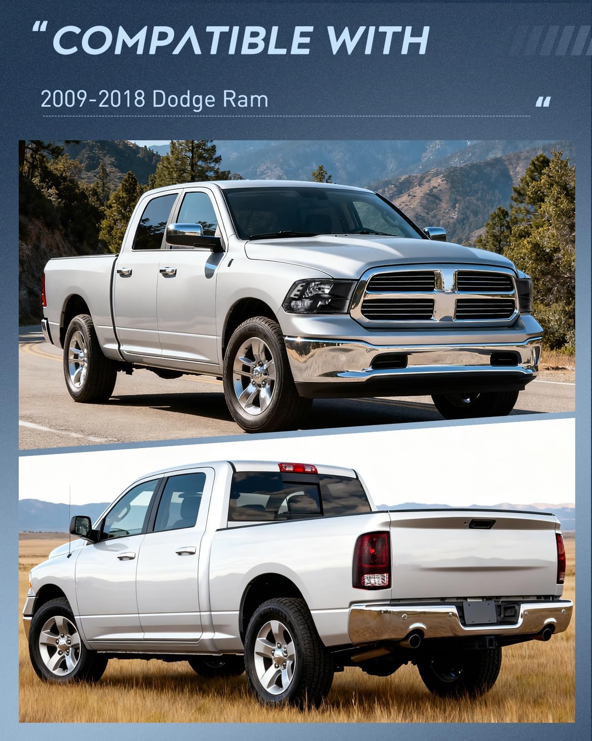 Nilight Headlight and Taillight Assembly Combo Compatible with 2009 2010 2011 2012 2013 2014 2015 2016 2017 2018 Dodge Ram for Quad Models Black Housing Clear Reflector with Dark Red Tail Light