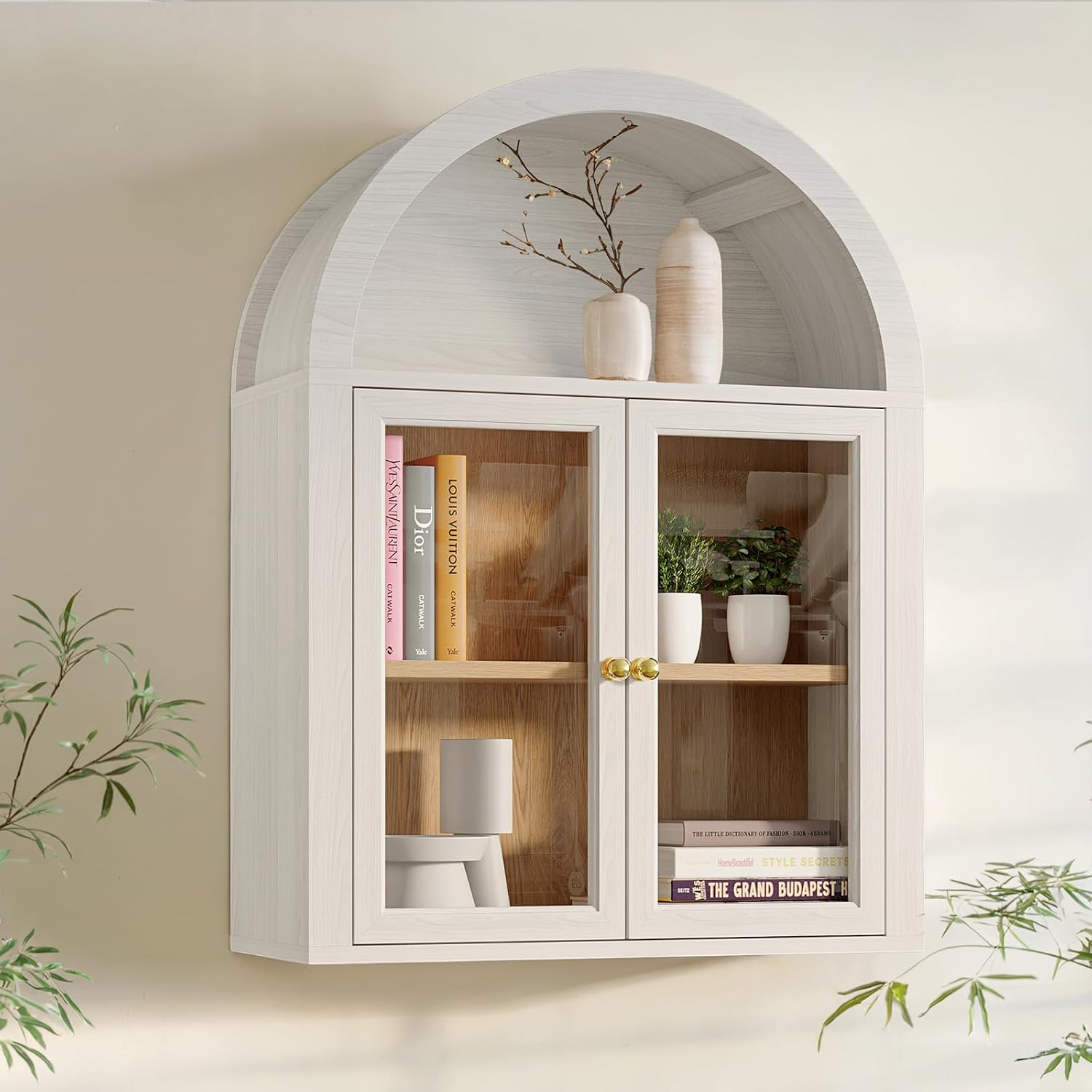 NEWOWNDS Arched Wall Cabinet,Glass Display Wall Mounted Cabinet with Tempered Glass Doors, Floating Cabinet with Adjustable Shelves for Bathroom,Living Room, Kitchen