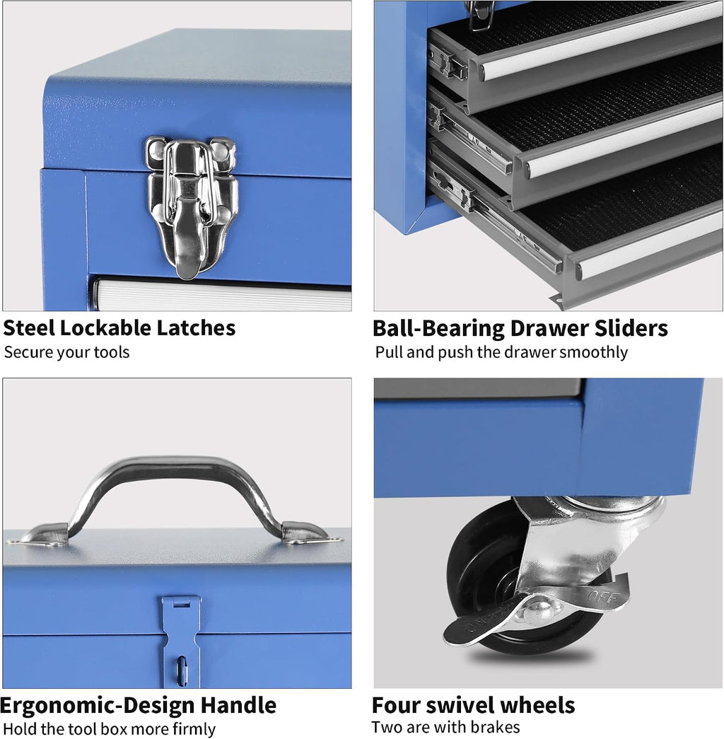 Rolling Garage Workshop Tool Organizer: Detachable 3 Drawer Tool Chest with Large Storage Cabinet and Adjustable Shelf