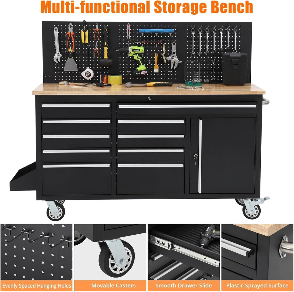 GarveeLife 61-Inch Rolling Tool Chest with 10 Drawers Garage Workbench, Solid Rubberwood Top, Storage Cabinet with Wheel Lock and Key Lock for Workshop, Garage, Kitchen and Home