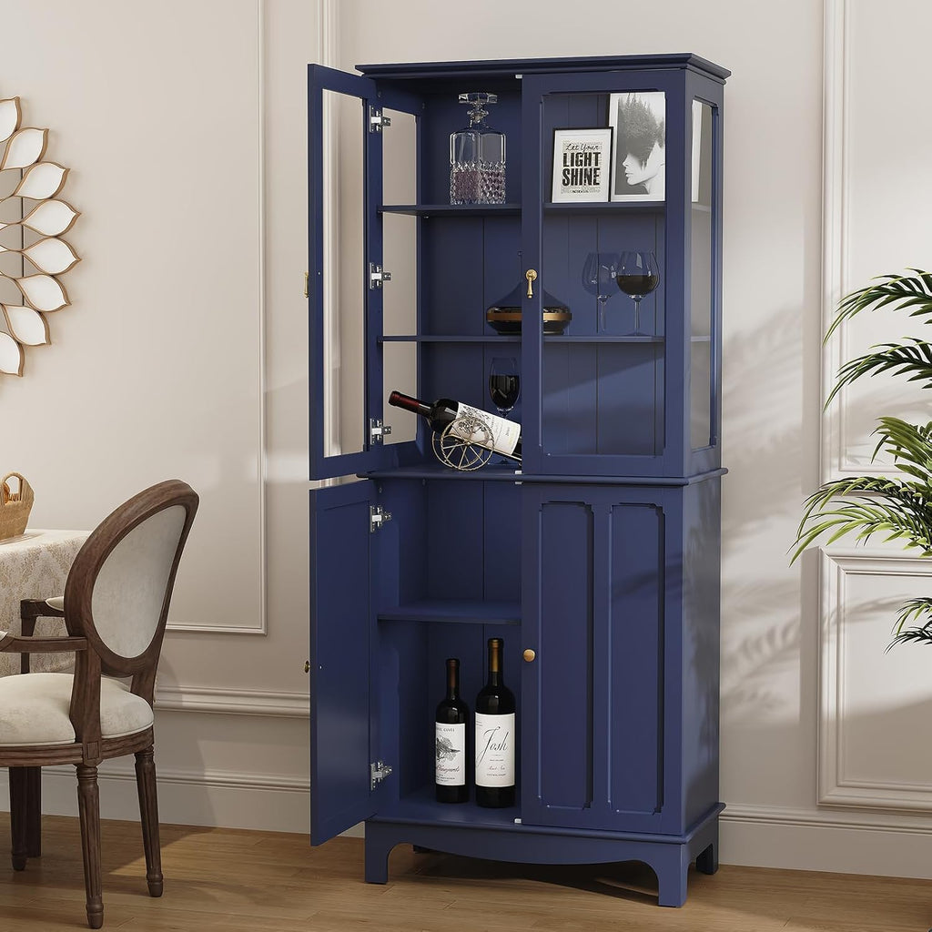 ARTPOWER 72' Freestanding Kitchen Pantry Storage Sideboard, Classical Tall Cabinet with Glass Door and Adjustable Shelves for Kitchen, Livingroom and Dining Room, Navy Blue