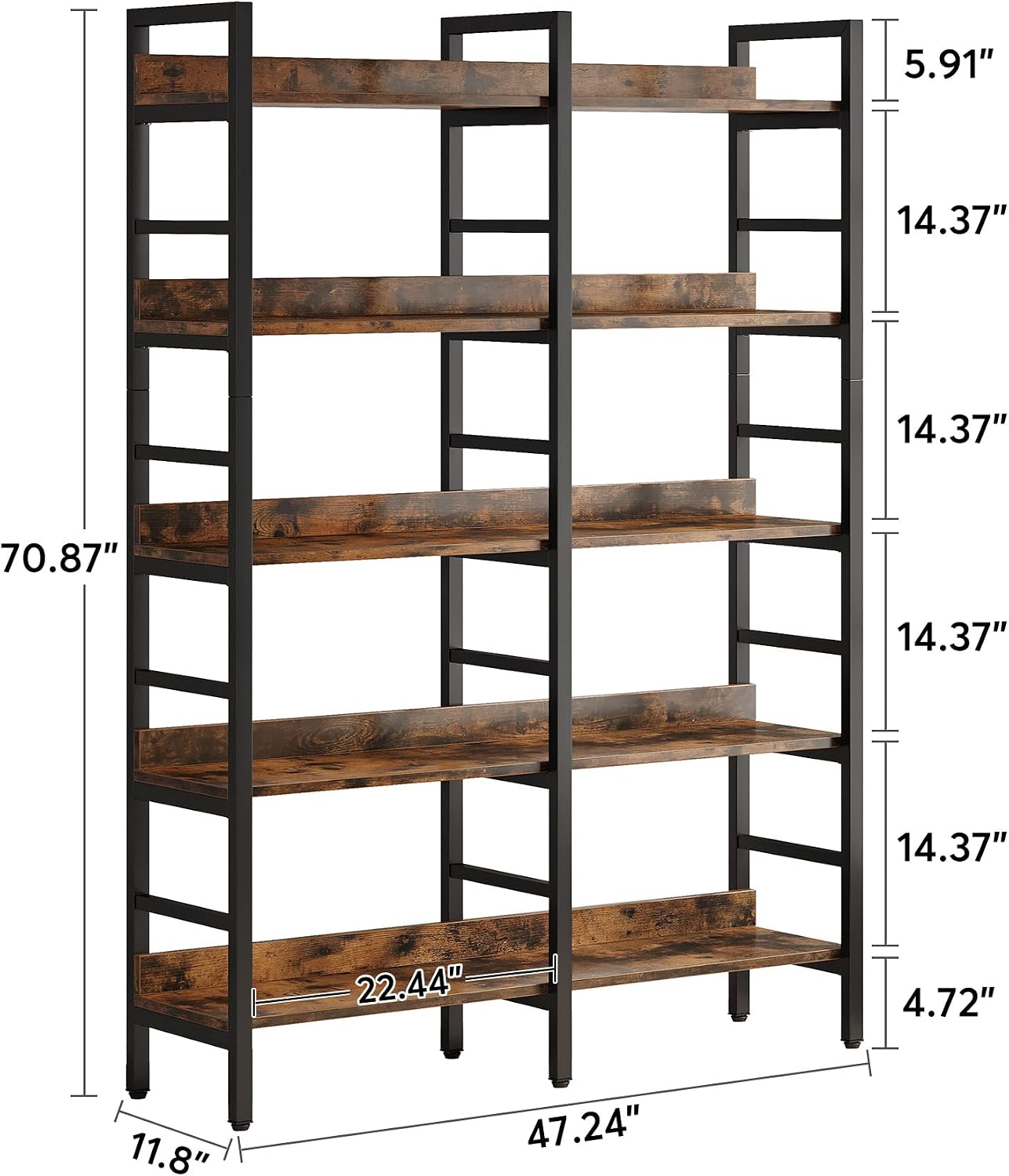 Tribesigns 5-Tier Industrial Bookshelf, 71'H x 47'W Etagere Bookcase, Freestanding Double Wide Book Shelf for Storage and Display, Wood and Metal Bookshelves for Living Room Home Office, Rustic Brown