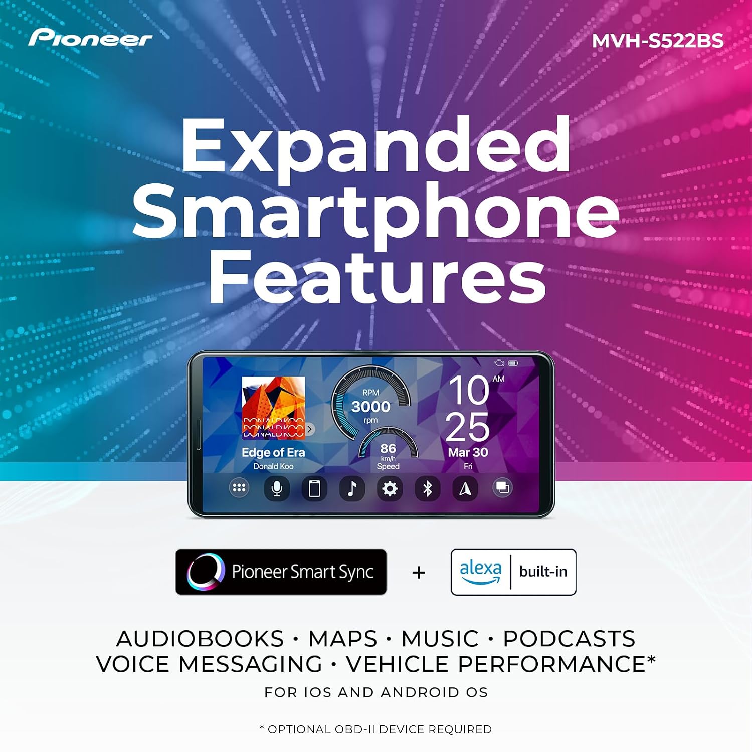 Pioneer MVH-S522BS 1-Din Digital Media Receiver – Bluetooth, SiriusXM, Color Change, USB, FLAC, Voice Control, 50W x 4 Output, 13-Band EQ, AM/FM Radio, iPhone/Android Compatible, Hi-Volt RCA Preouts