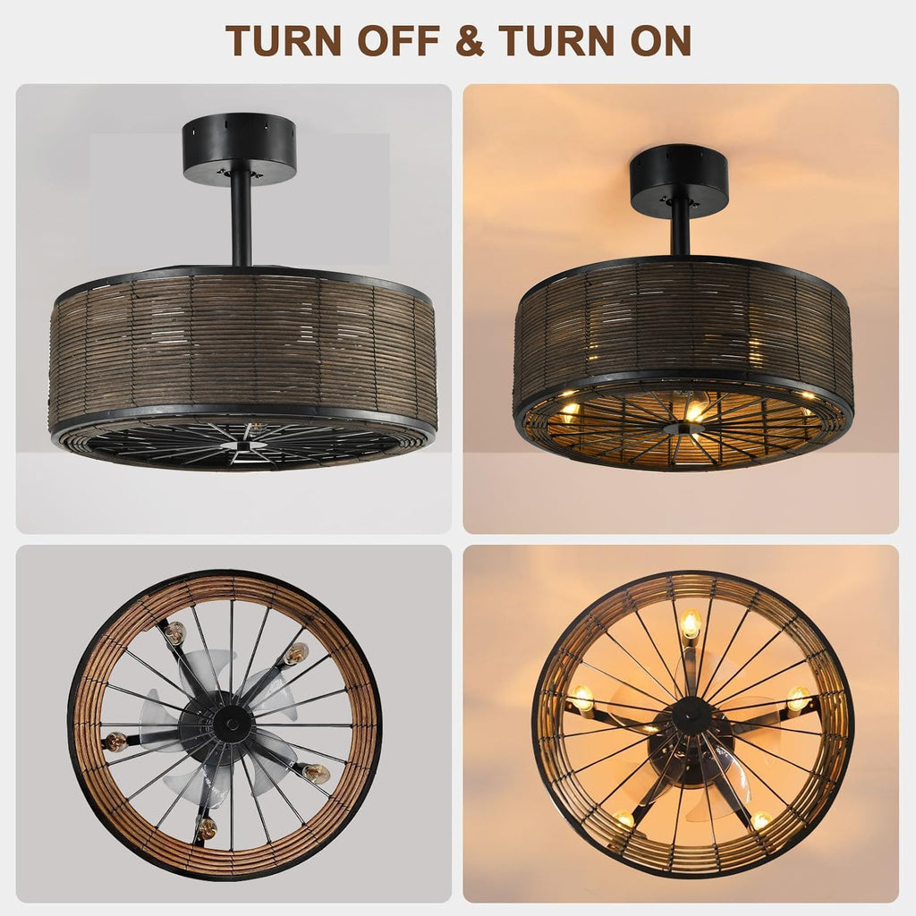 21' Boho Rattan Ceiling Fans with Lights,Flush Mount Caged Ceiling Fan with Remote Indoor,6 Speed, Timing, APP Remote Control,Includes 5 LED Bulbs for Bedroom,Kitchen,Living Room,Farmhouse