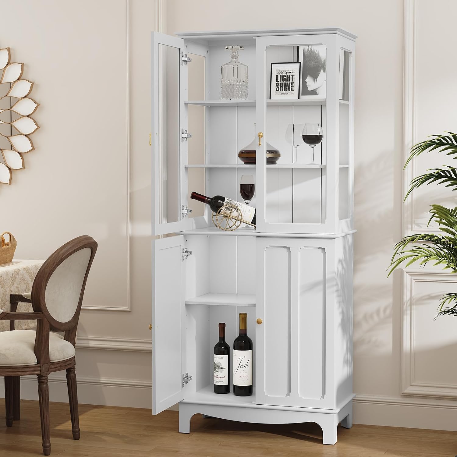 ARTPOWER 72' Freestanding Kitchen Pantry Storage Sideboard, Classical Tall Cabinet with Glass Door and Adjustable Shelves for Kitchen, Livingroom and Dining Room, White