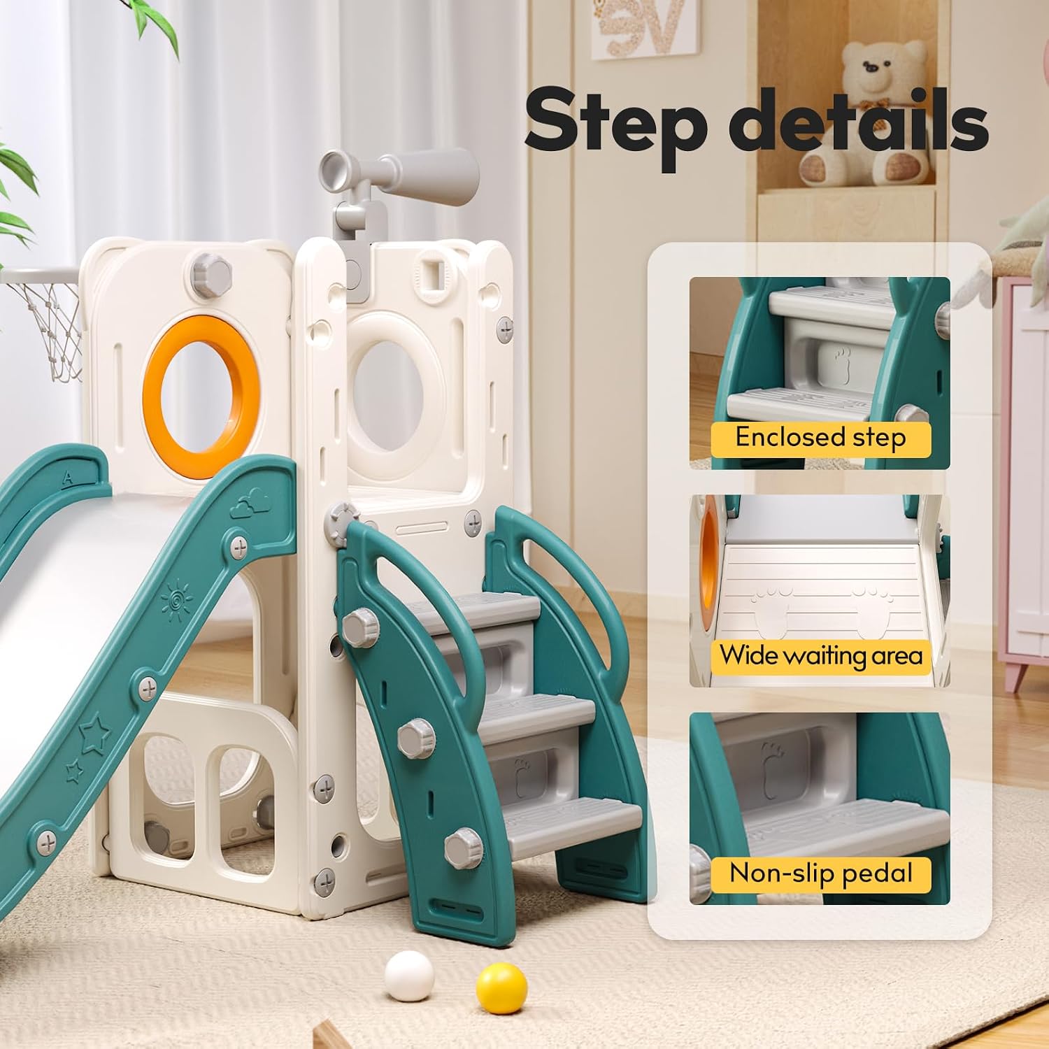 6 in 1 Toddler Playset with Slide,Toddler Slide,Slide for Kids with Basketball Hoop,Ball,Ring Toss,Kids Slide Toddler Playground Toddler Slide Indoor Outdoor Toys