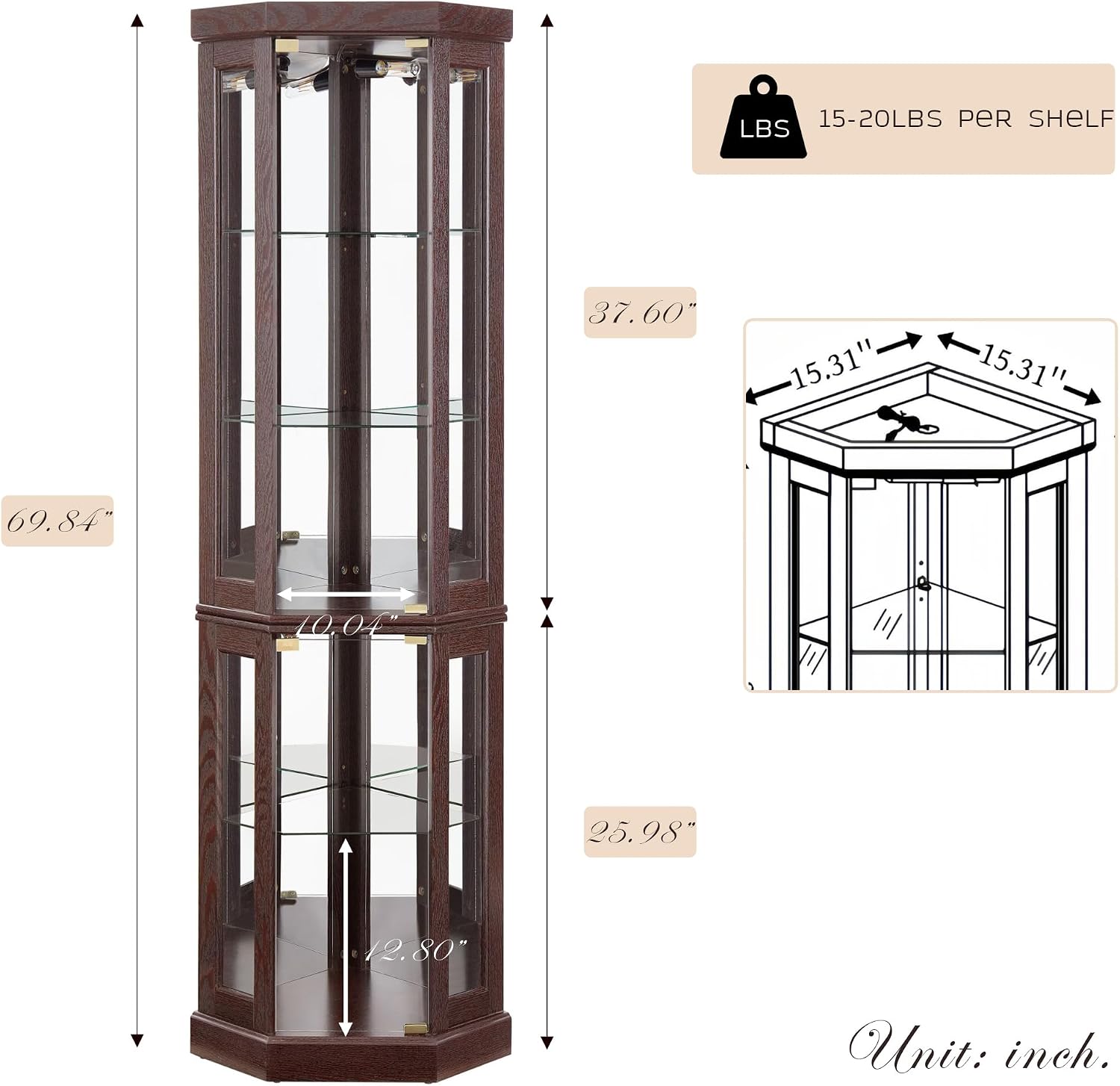 70' Lighted Corner Curio Cabinet, Wood China Display Case with Tempered Glass Doors & Adjustable Shelves, Light Bulb Included, Tall Wine Storage Rack for Bar and Liquor Storage (Dark Cherry)