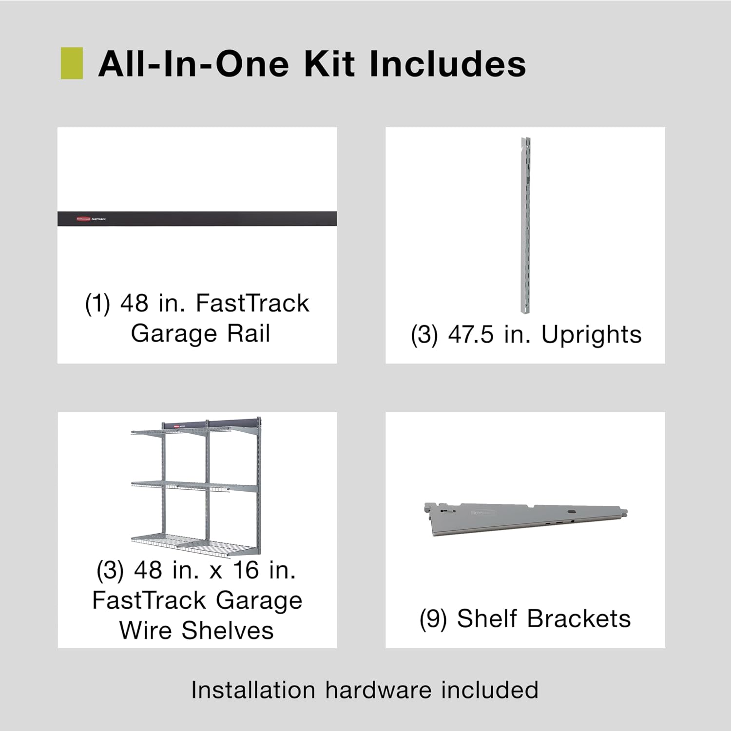 Rubbermaid Fasttrack Rail Storage 48'x16' 3-Shelf Kit, 350 lbs. Per Shelf, for Home/Garage/Shed/Workshop Organization