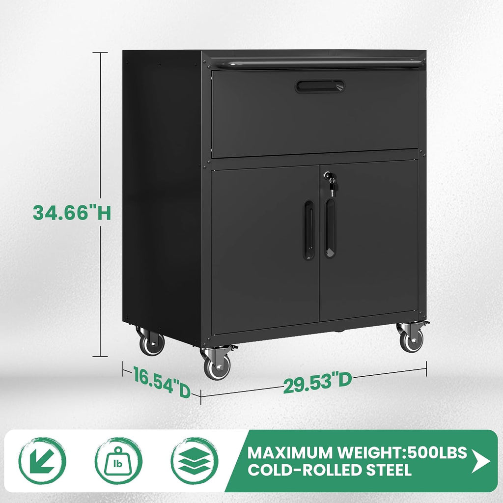 Garage Cabinets,Metal Garage Storage Cabinet with Wheels,Black Lockable Rolling Tool Cabinet with Drawer and Adjustable Shelves,Heavy Duty Tool Chest for Home Office Utility Room