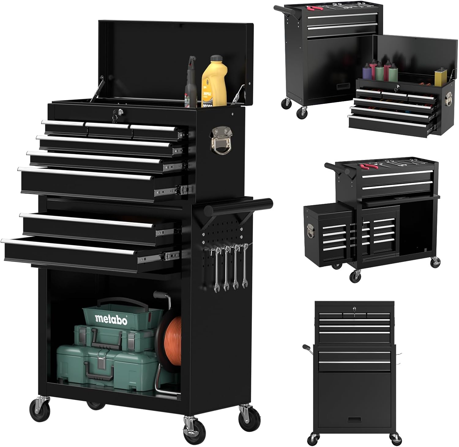 8 Drawer Tools Chest,42.9 inch Tool Cabinet with Universal Lockable Wheels，Organizable Tool Box with Detachable Top Box for Workshop，Black