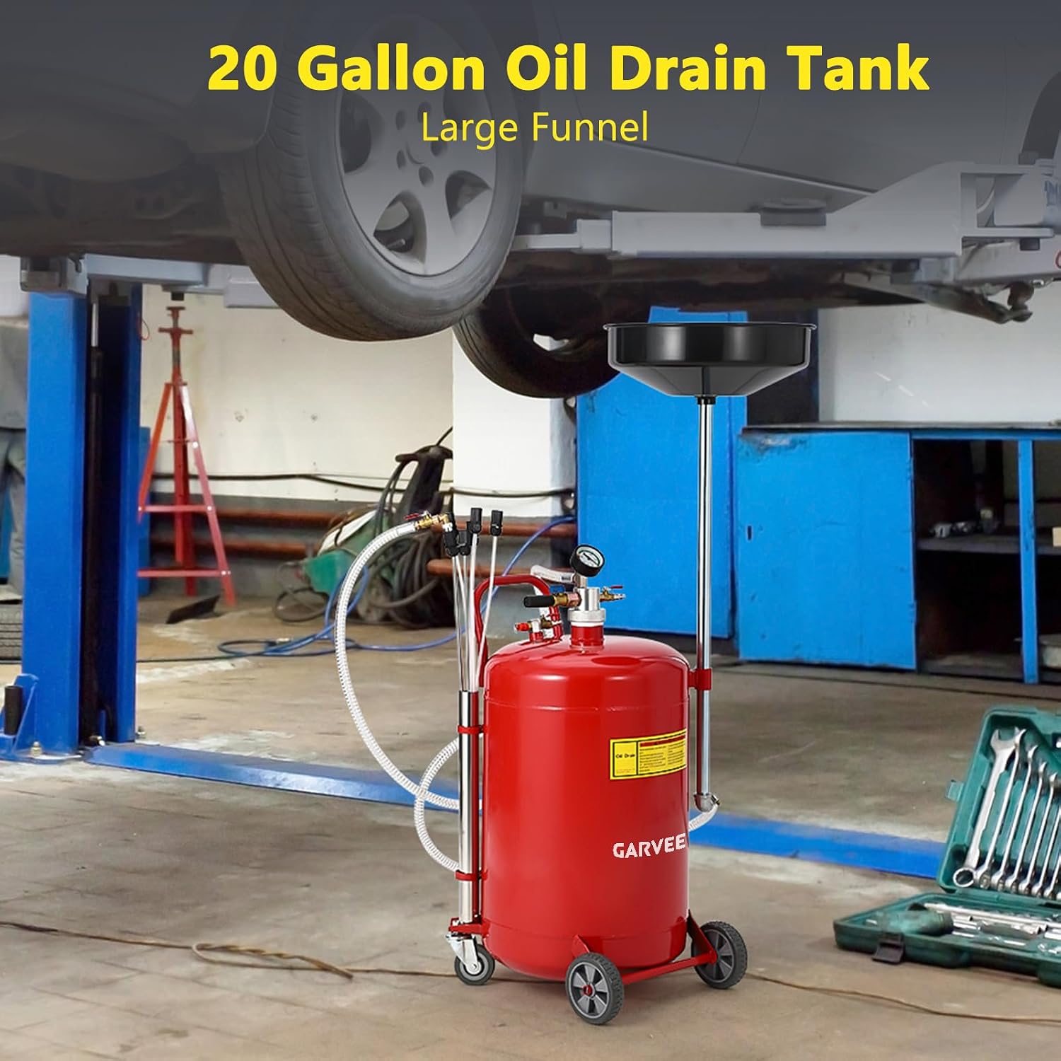 Garvee 20 Gallon Waste Oil Drain Tank, Portable Oil Drain Container, Air Operated Drainer, Fluid Fuel Transfer Drainage, Adjustable Funnel Height with Wheel &15'' Premium Bowl and a Toolbox