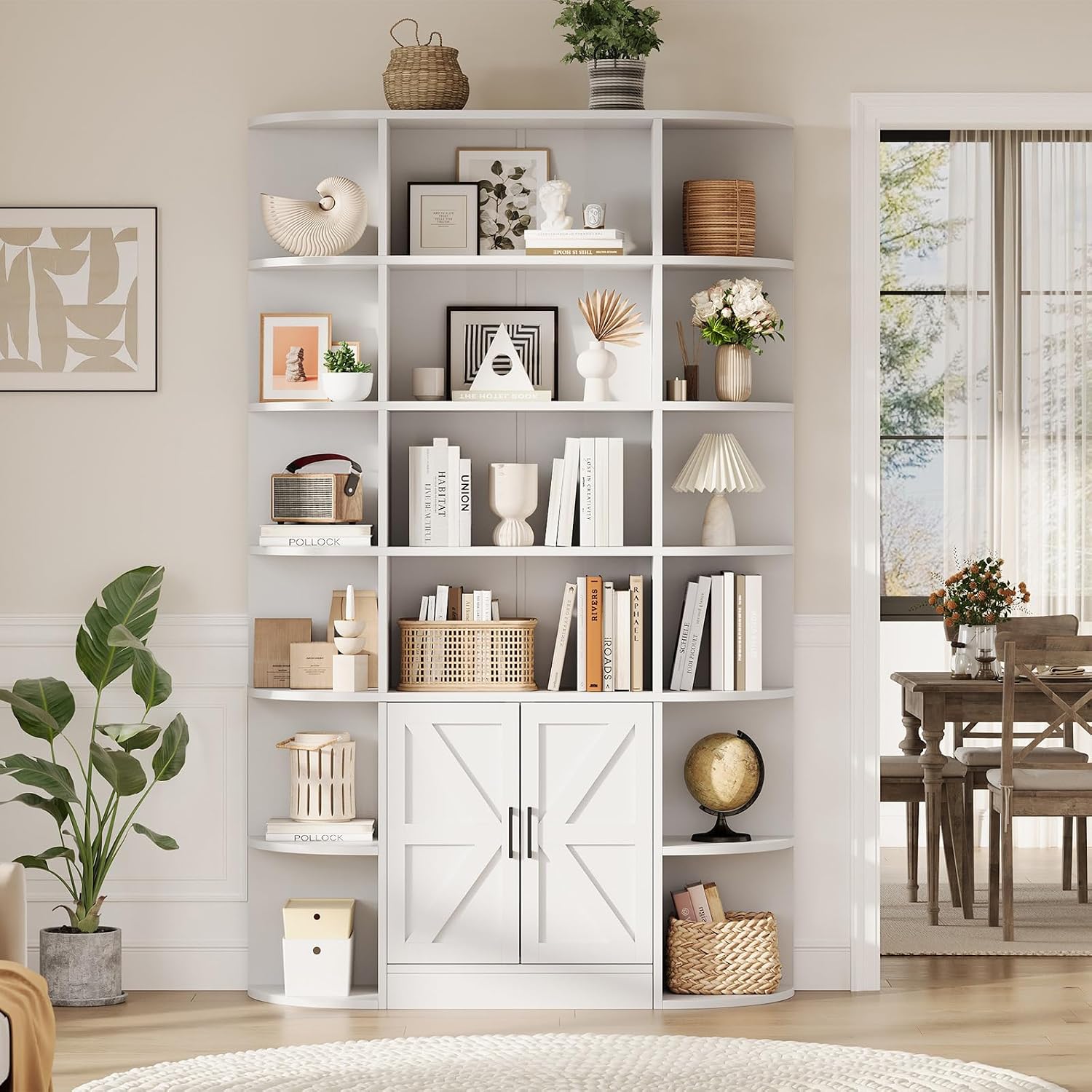 IDEALHOUSE 75in Tall Bookshelf with Storage, 6-Tier 47' Wide Modern Farmhouse Standing Bookcase Cabinet Display Shelf Organizer for Home Office Living Room Bedroom, White