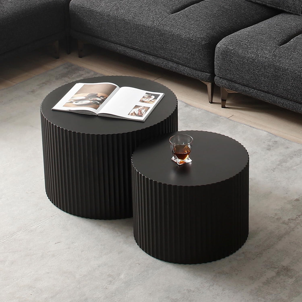 Black Round Coffee Table Set of 3 Modern Drum Circle Nesting Coffee Tables for Living Room, Contemporary Wood Fluted Embossed Side Table End Table, No Assembly, Black (3-Pcs)