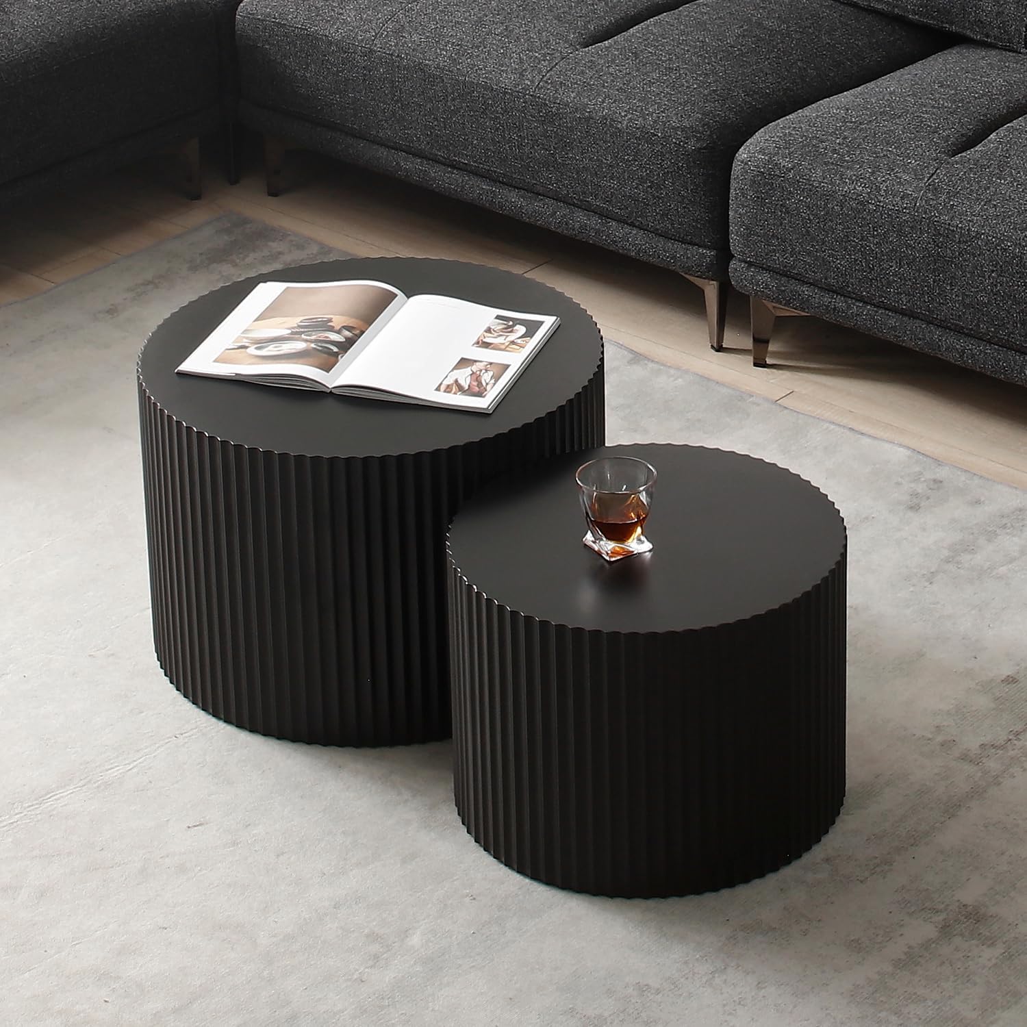 Black Round Coffee Table Set of 3 Modern Drum Circle Nesting Coffee Tables for Living Room, Contemporary Wood Fluted Embossed Side Table End Table, No Assembly, Black (3-Pcs)