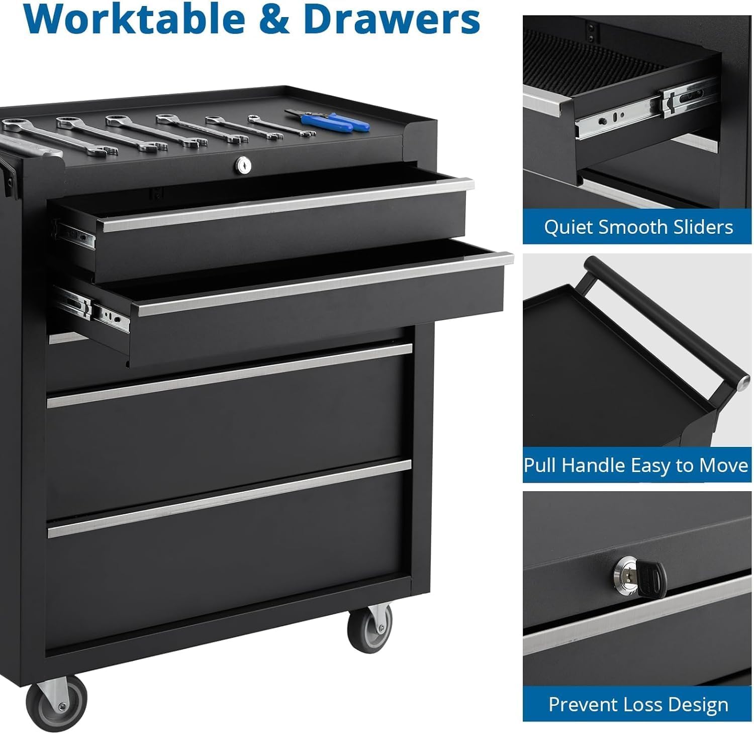 5-Drawer Rolling Tool Chest,Tool Cabinet on Wheels with Keyed Locking System and Drawer Liners,Tool Chest with Link Buckle and Can Be Combined to Large Cabinet Set,for Garage, Warehouse & Repair Shop