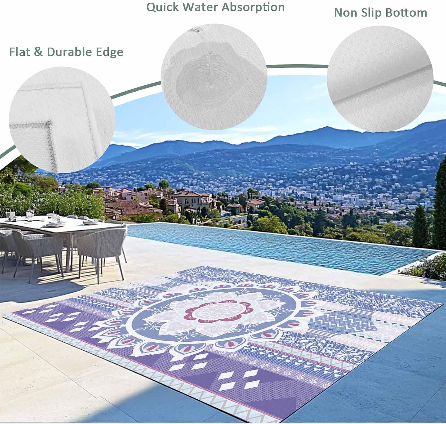 Outdoor Rug 4x6ft Lavender Bohemia Flower Texture Patio Area Rugs Waterproof Easy Cleaning Non Shedding Thick Mats Geometric Carpet for Indoor Outdoor Porch Deck Backyard Balcony