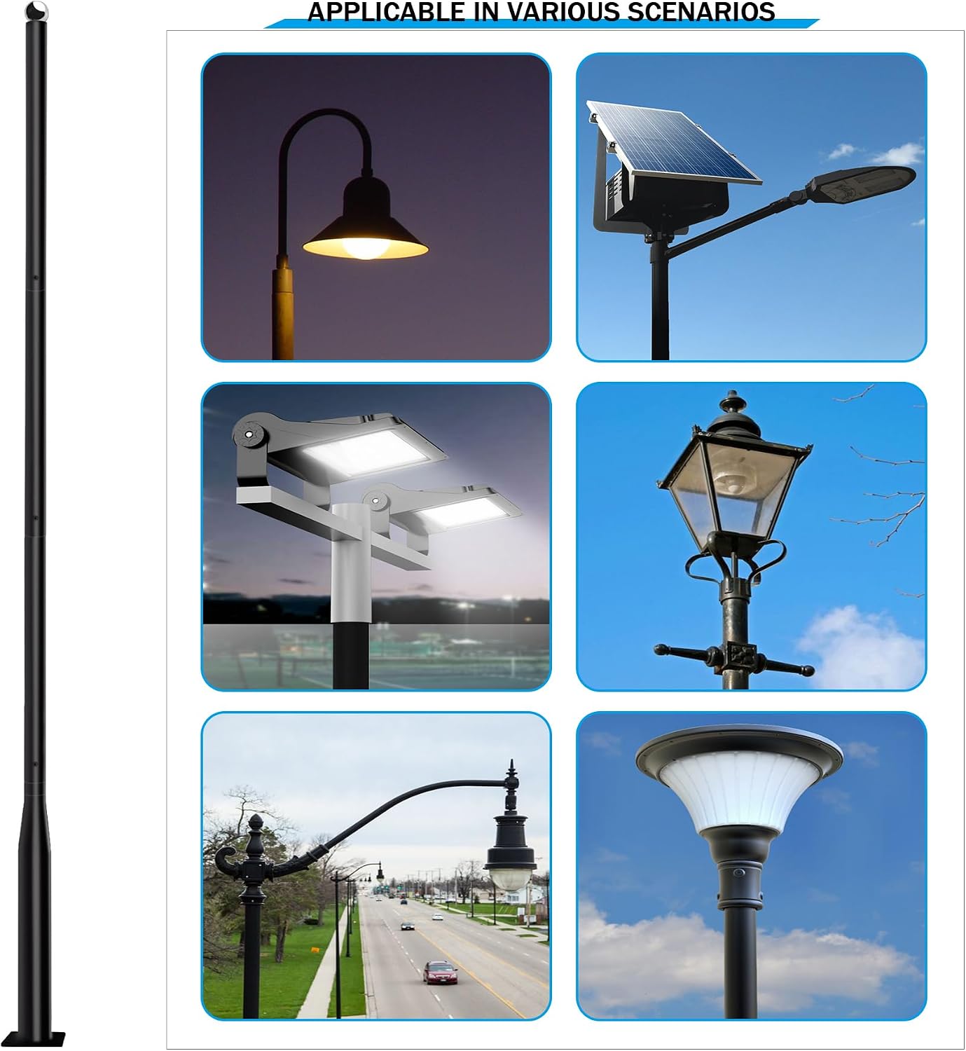 Street Light Pole 13Ft,Street Light Poles for Outdoor Lighting, Solar Street Light Pole Accessory for Street, Patio, Backyard, Basketball Court, Park