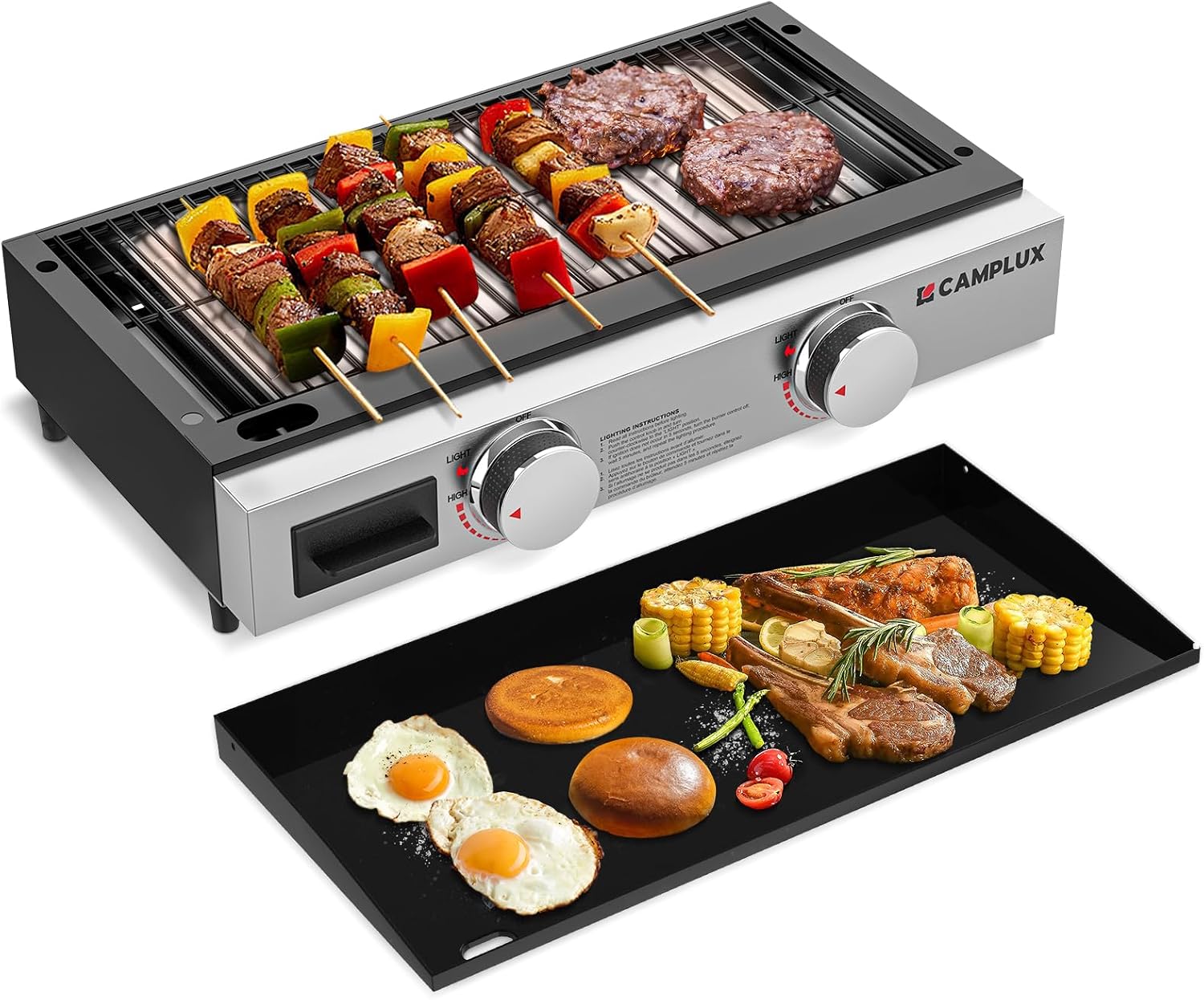 CAMPLUX Propane Tabletop Grill Griddle 2-in-1, Non-Stick Flat Top Griddle with Ceramic Coated 19,000 BTU, 23-Inch Gas Grill for RV, Camping, Tailgating, and Outdoor GG302S