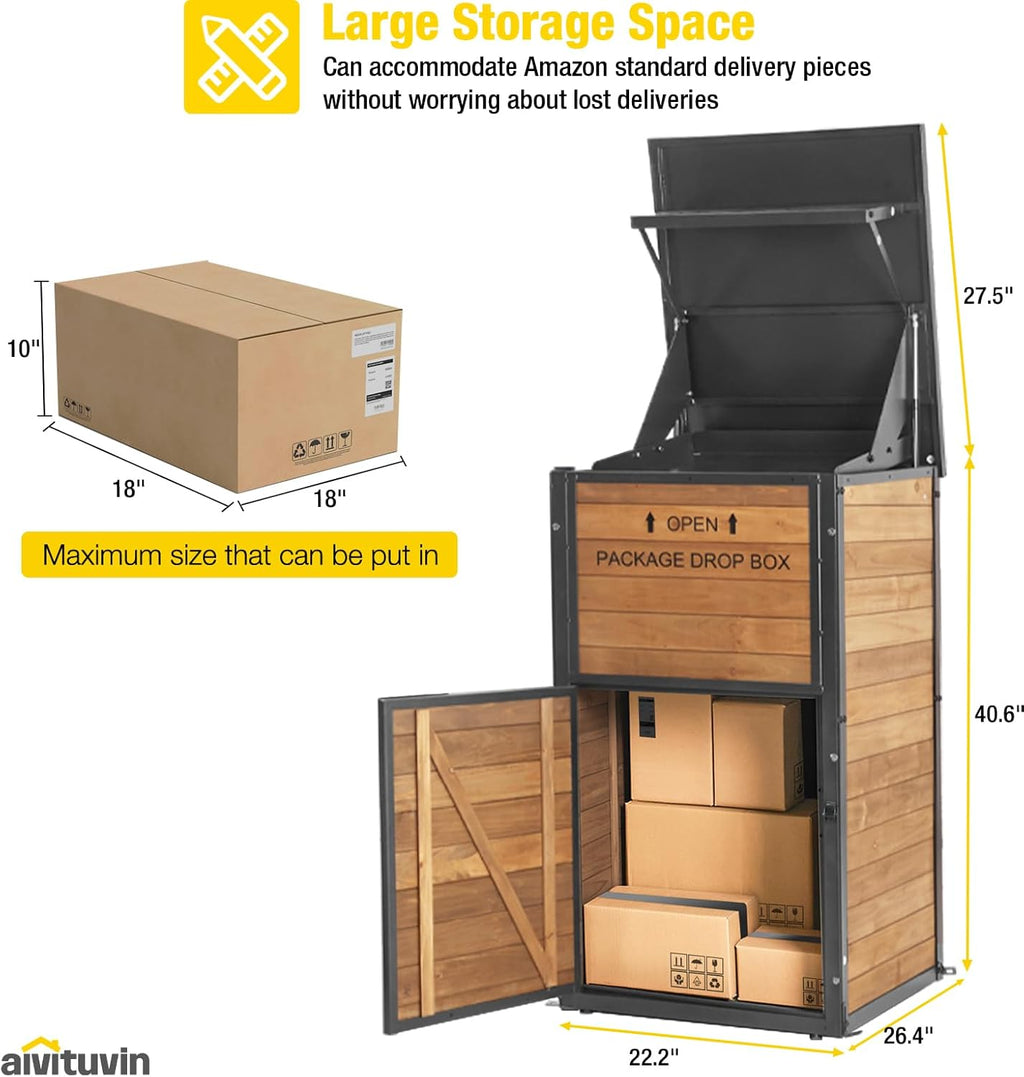 Aivituvin Package Delivery Box for Outside with Combination Lock | solid wood-iron frame, weatherproof, 10'x18'x18' parcel fit, one-way slot, lockable porch storage