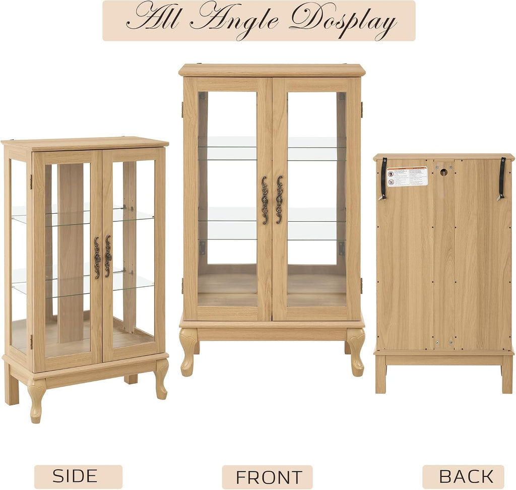44' Small Lighted Glass Accent Curio Cabinet, Vintage China Cage with 2 Tempered Glass Doors & Adjustable Shelves, Acrylic Mirrored Pane, Elegant Wine Artwork Showcase Rack for Living Room (Oak)